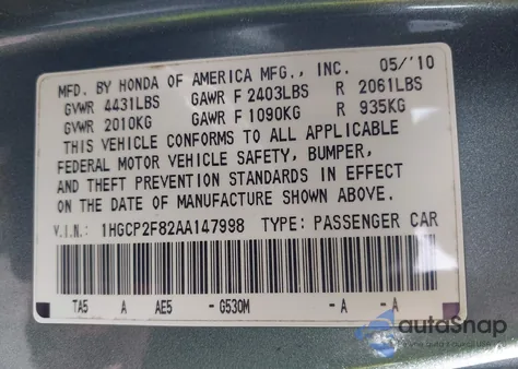 2010 Honda Accord 2.4 Ex-L from USA, damaged, VIN 1HGCP2F82AA147998